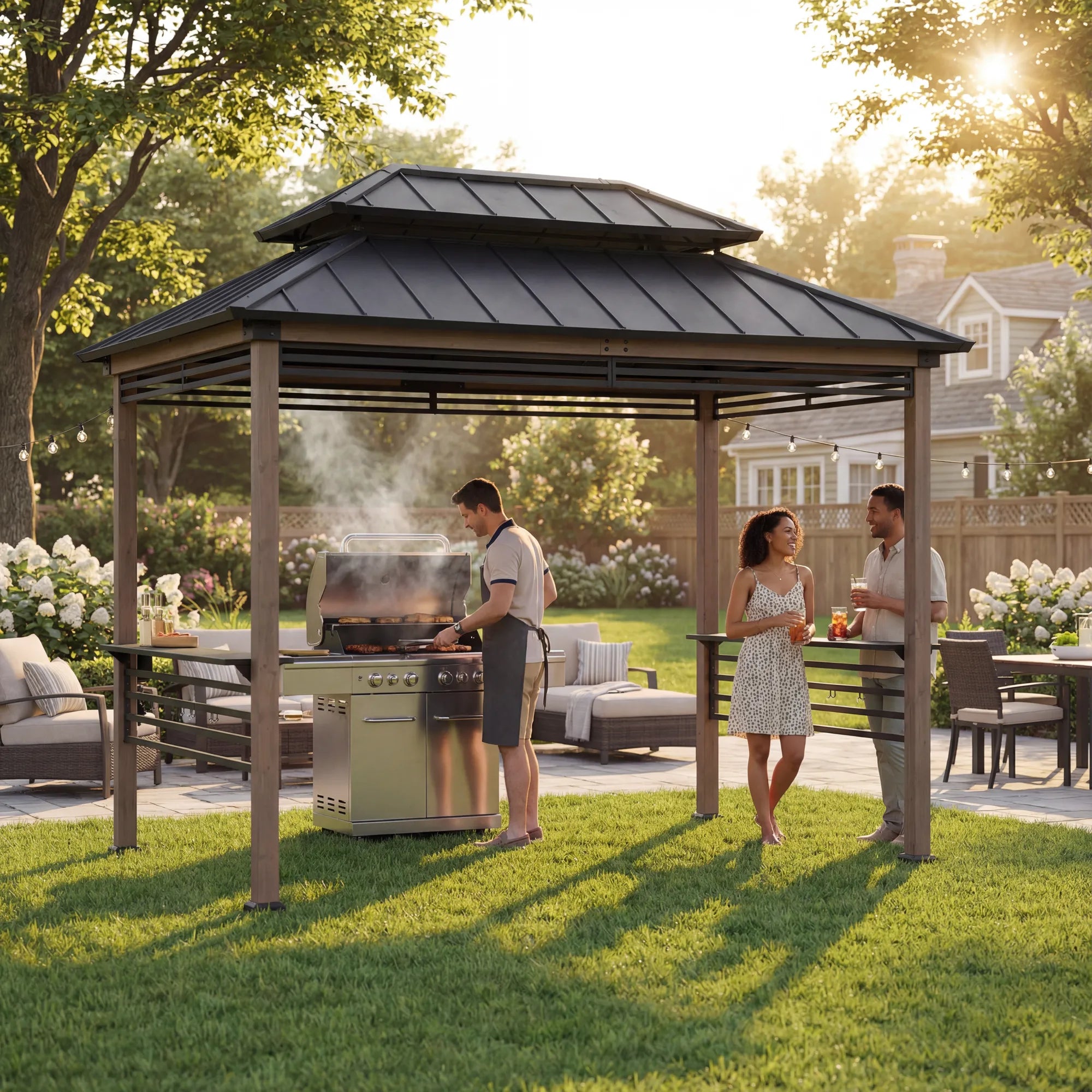 SUNJOY 8x12 Brown Hardtop Grill Gazebo with Electrical Outlets, Fence and Shelves