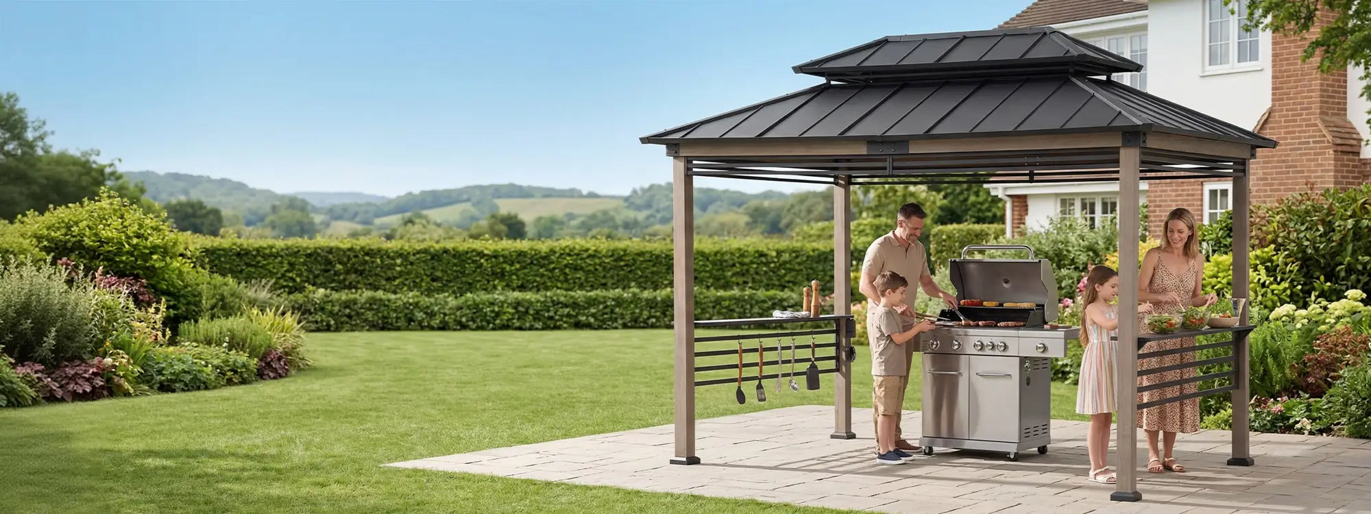 SUNJOY 8x12 Hardtop Grill Gazebo with Electrical Outlets, Fence and Shelves - Black