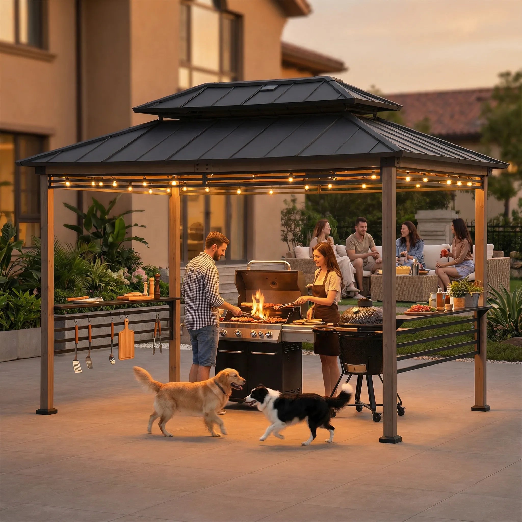 SUNJOY 8x12 Brown Wood Grill Gazebo with Solar Power, Fence and Shelves