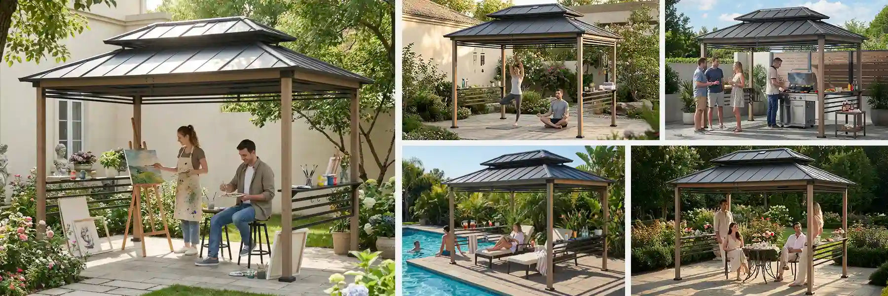 SUNJOY 8x12 Brown Wood Grill Gazebo with Solar Power, Fence and Shelves