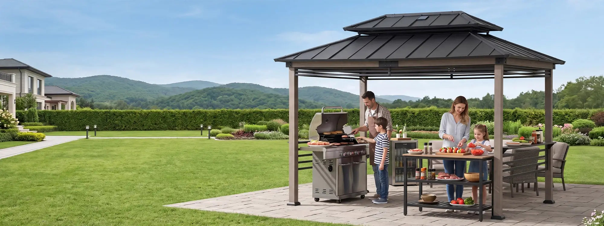 SUNJOY 8x12 Wood Grill Gazebo with Solar Power, Fence and Shelves - Black