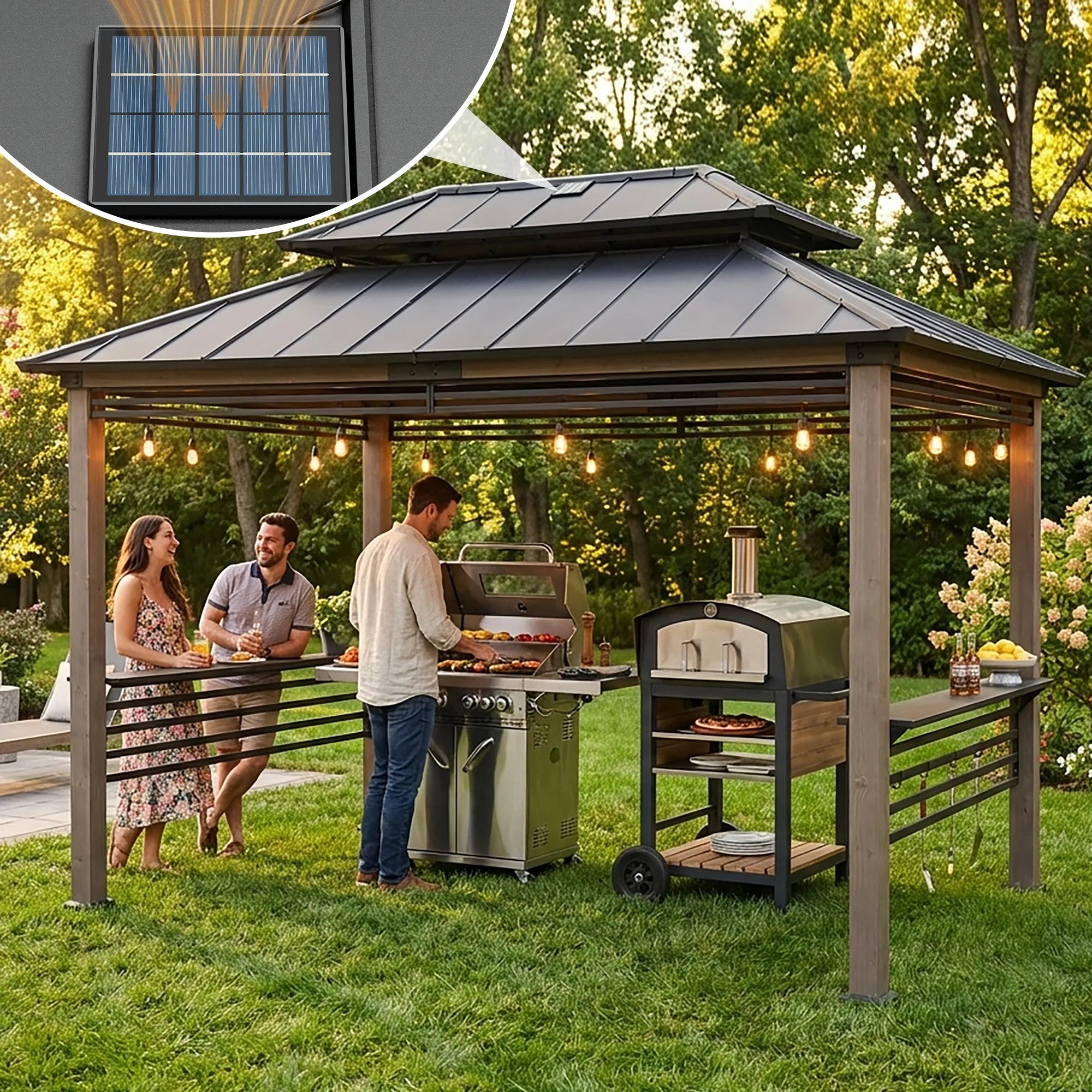 SUNJOY 8x12 Black Wood Grill Gazebo with Solar Power, Fence and Shelves