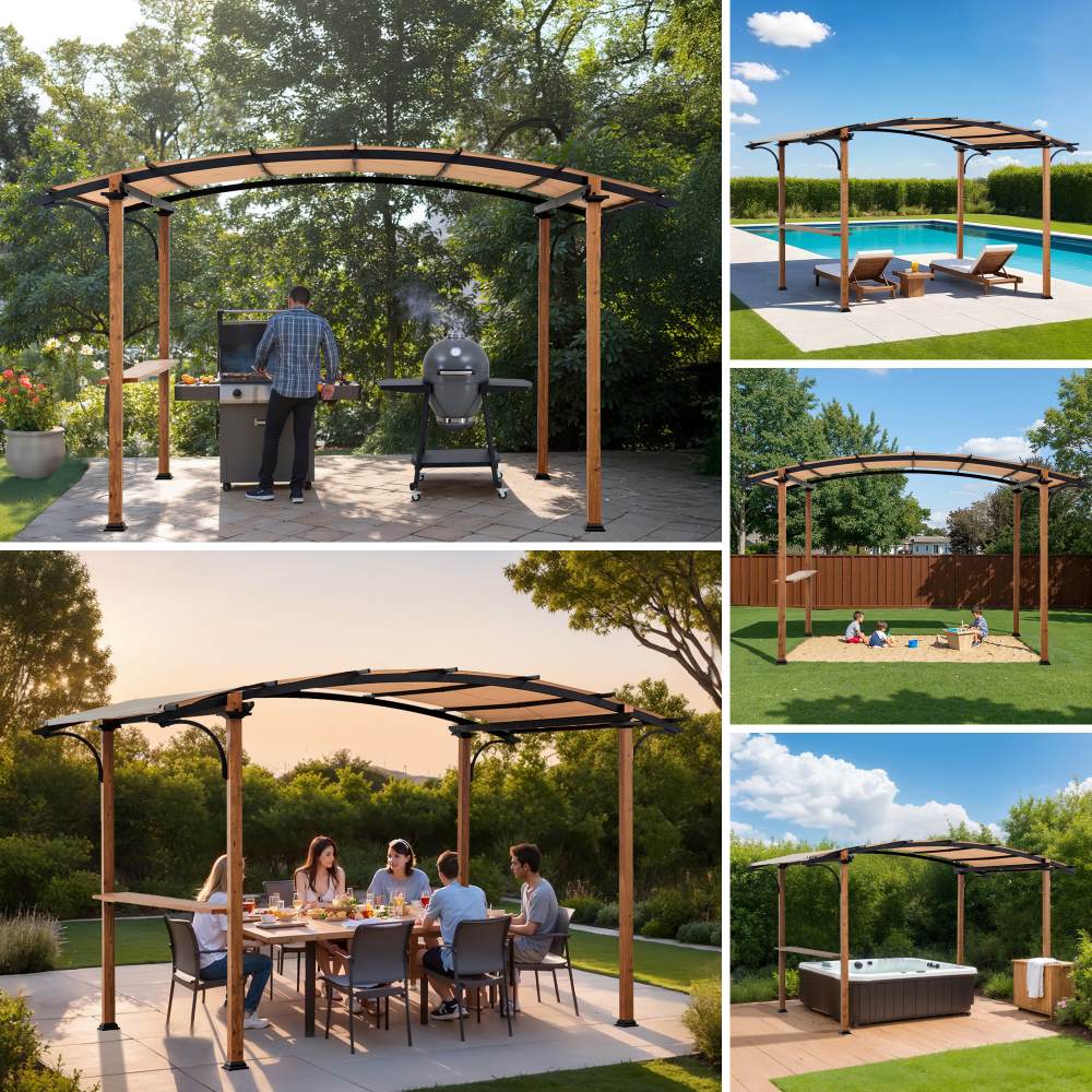 SUNJOY 9x13 Modern Arched Metal Pergola with Tan Heavy-duty Textilene Fabric Canopy and Bar Shelf