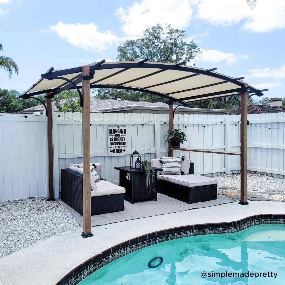 SUNJOY 9x13 Modern Tan Metal Arched Pergola Kit with Bar Shelf.