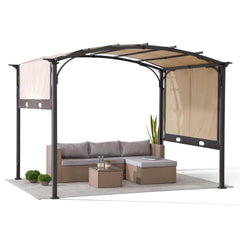 Sunjoy Outdoor Patio 9.5x11 Modern Tan Metal Arched Pergola Kit with Adjustable Canopy.