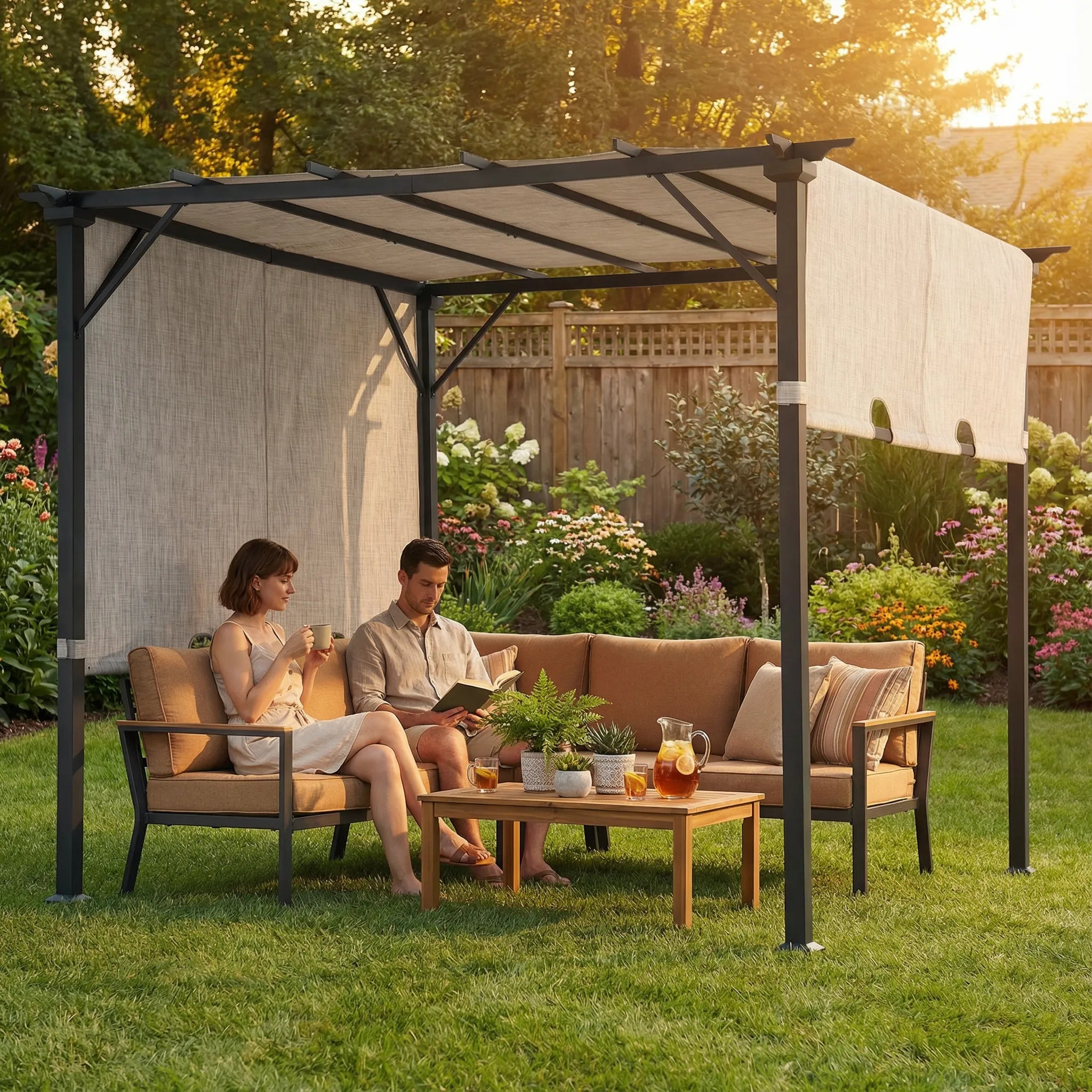 10x10 Adjustable Canopy Pergola, White Frame Outdoor Shade | SUNJOY