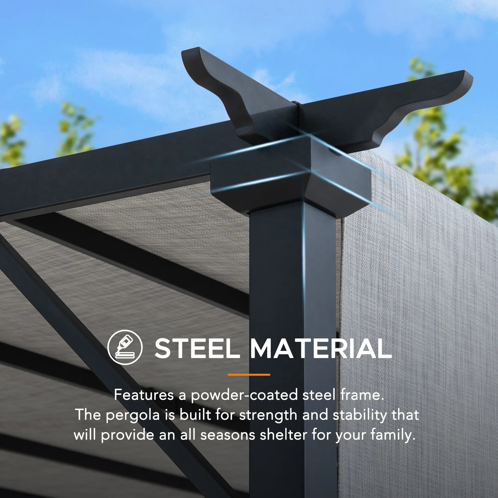 SUNJOY 9x9 Matte Black Steel Frame Pergola with Adjustable Canopy Roof - Light Gray