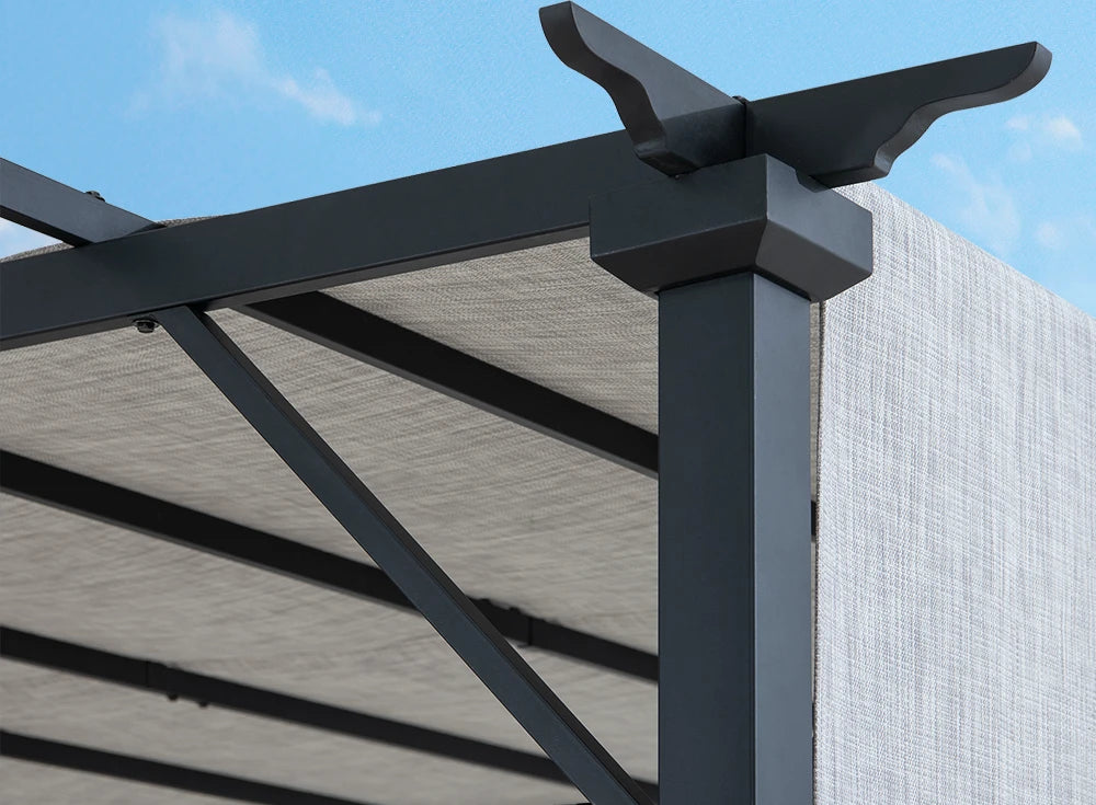 SUNJOY 9x9 Matte Black Steel Frame Pergola with Adjustable Canopy Roof - Light Gray