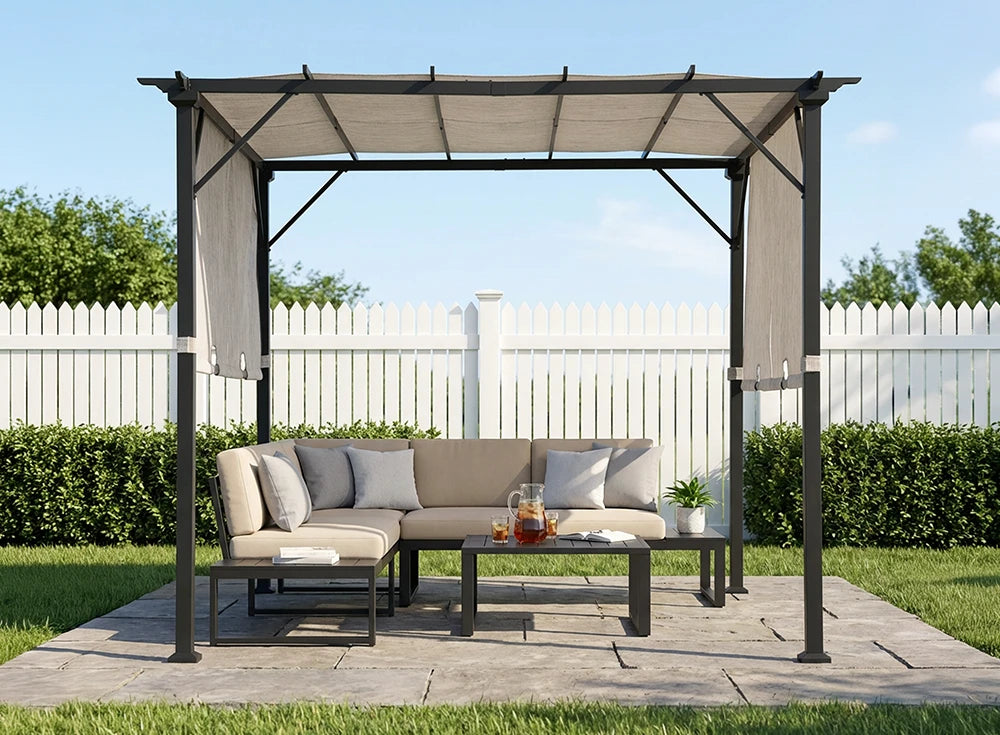SUNJOY 9x9 Matte Black Steel Frame Pergola with Adjustable Canopy Roof - Light Gray