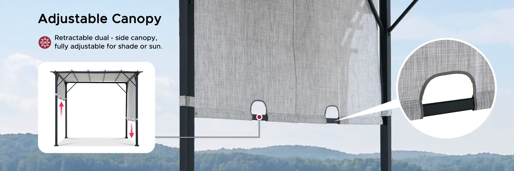 SUNJOY 9x9 Matte Black Steel Frame Pergola with Adjustable Canopy Roof - Light Gray