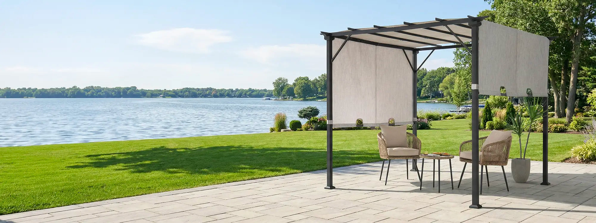 SUNJOY 9x9 Matte Black Steel Frame Pergola with Adjustable Canopy Roof - Light Gray