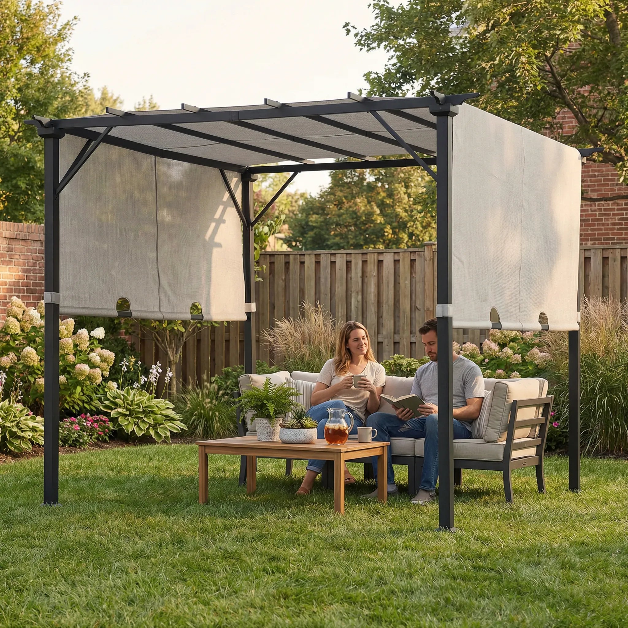 10x10 White Outdoor Pergola with Retractable Canopy Roof | SUNJOY