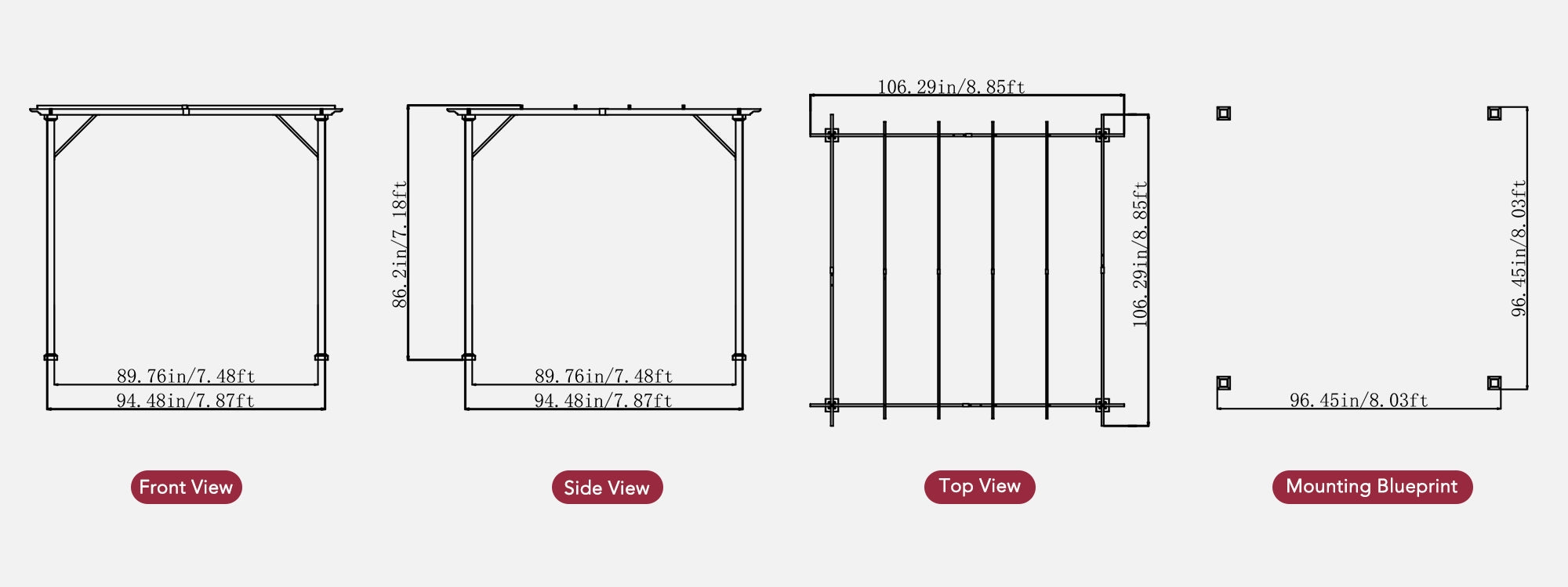 SUNJOY 9x9 Matte Black Steel Frame Pergola with Adjustable Canopy Roof - White