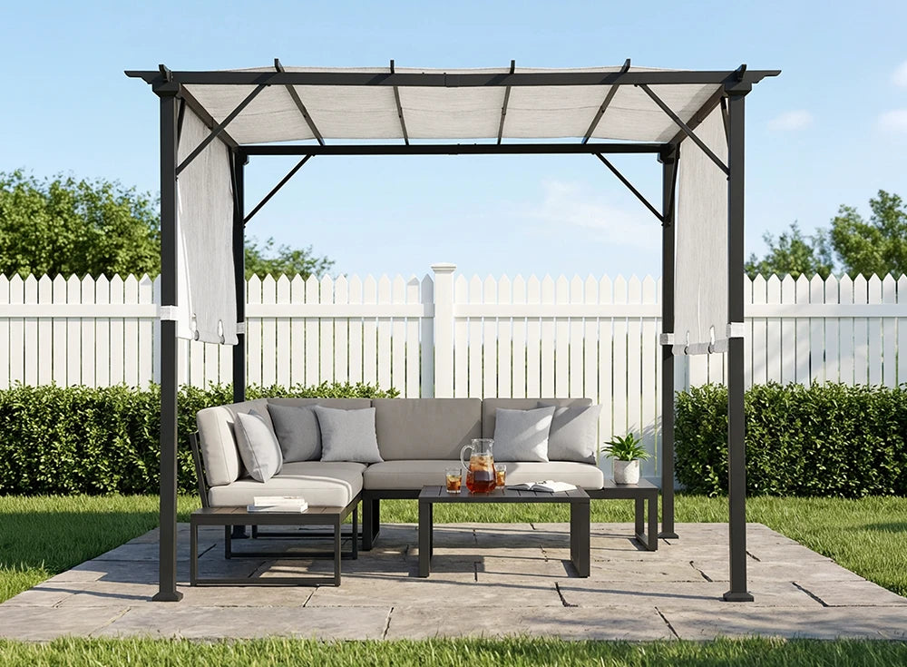 SUNJOY 9x9 Matte Black Steel Frame Pergola with Adjustable Canopy Roof - White