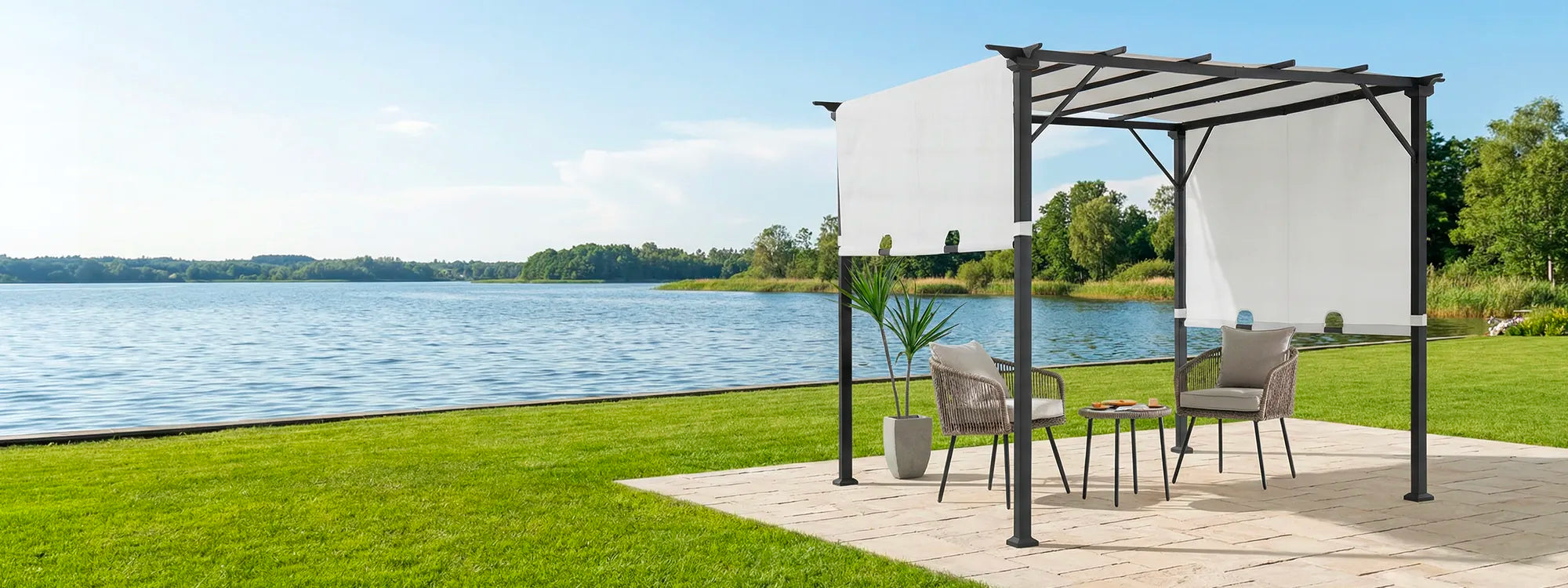 SUNJOY 9x9 Matte Black Steel Frame Pergola with Adjustable Canopy Roof - White