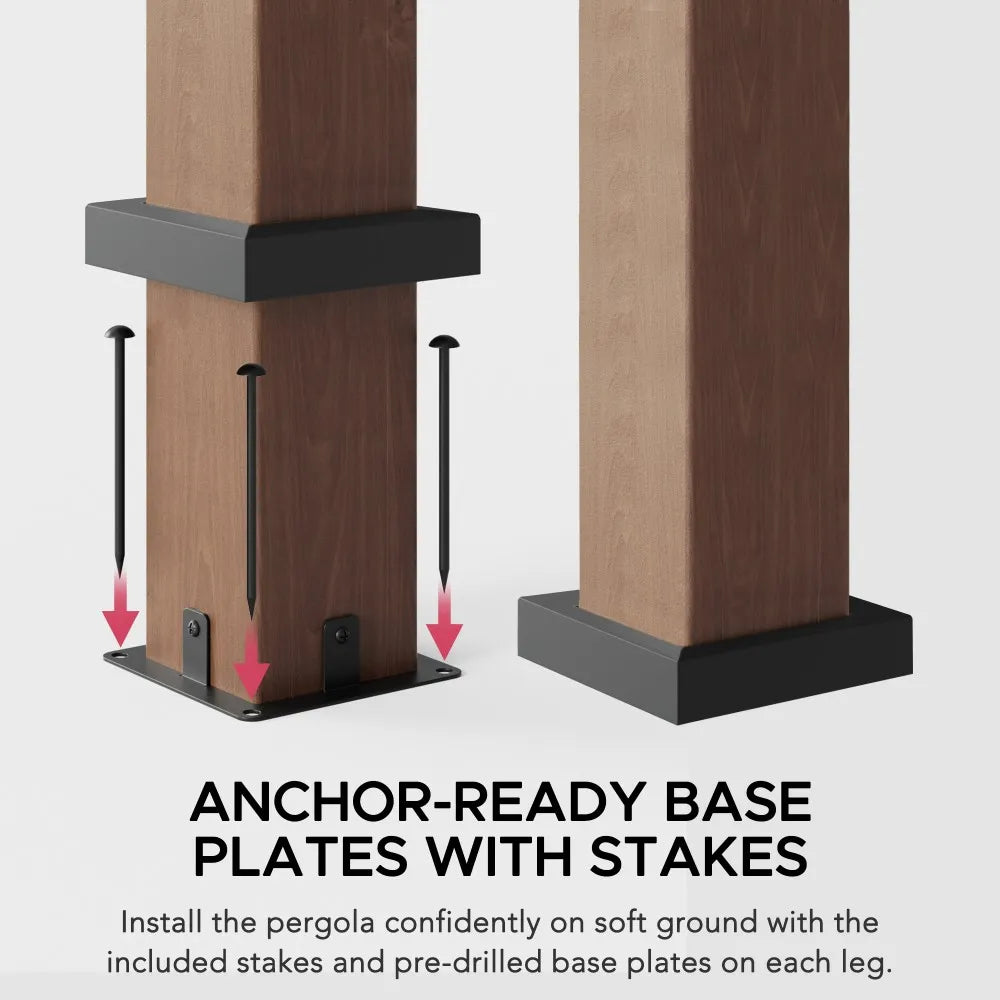 SUNJOY 11x11 Wood-Look Finish Metal Pergola with Sliding Canopy & Solar Lights 