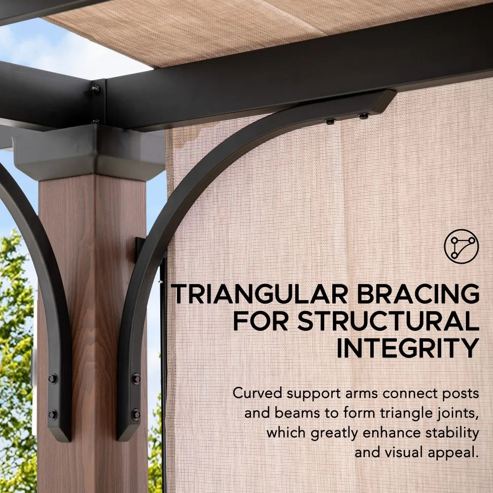 SUNJOY 11x11 Wood-Look Finish Metal Pergola with Sliding Canopy & Solar Lights 