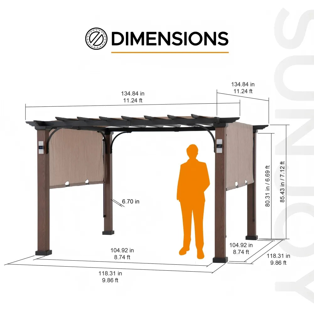 SUNJOY 11x11 Wood-Look Finish Metal Pergola with Sliding Canopy & Solar Lights