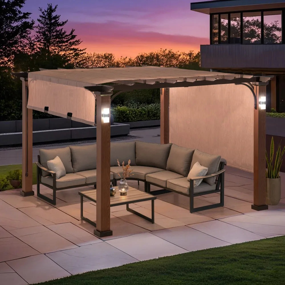 SUNJOY 11x11 Wood-Look Finish Metal Pergola with Sliding Canopy & Solar Lights