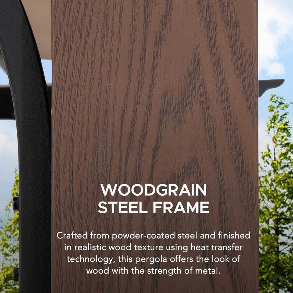 SUNJOY 11x11 Wood-Look Finish Metal Pergola with Sliding Canopy & Solar Lights 