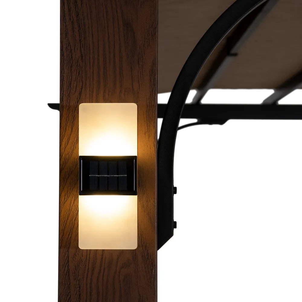 SUNJOY 11x11 Wood-Look Finish Metal Pergola with Sliding Canopy & Solar Lights