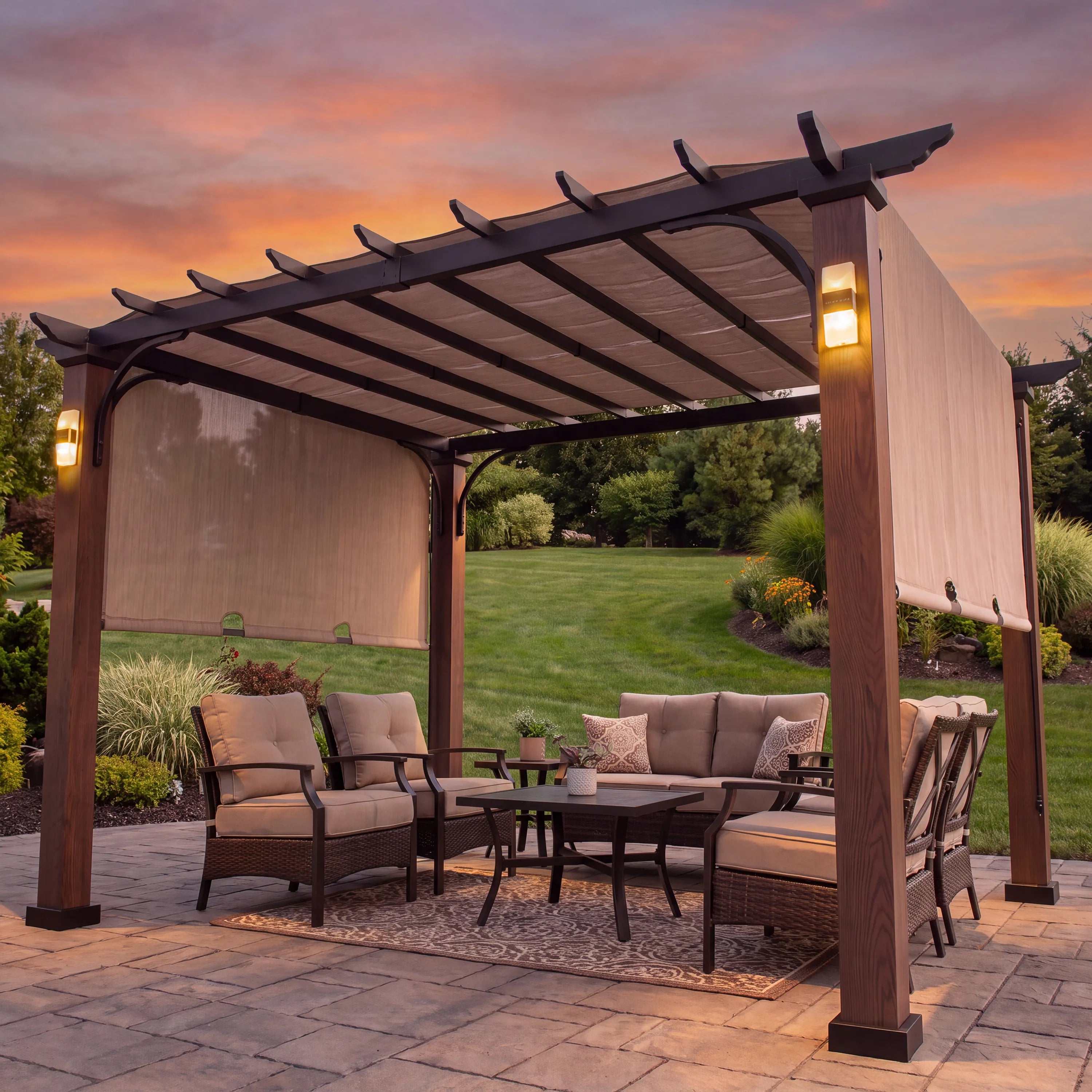 Linear Solar Hybrid Pergola - Natural Woodgrain, 11x11