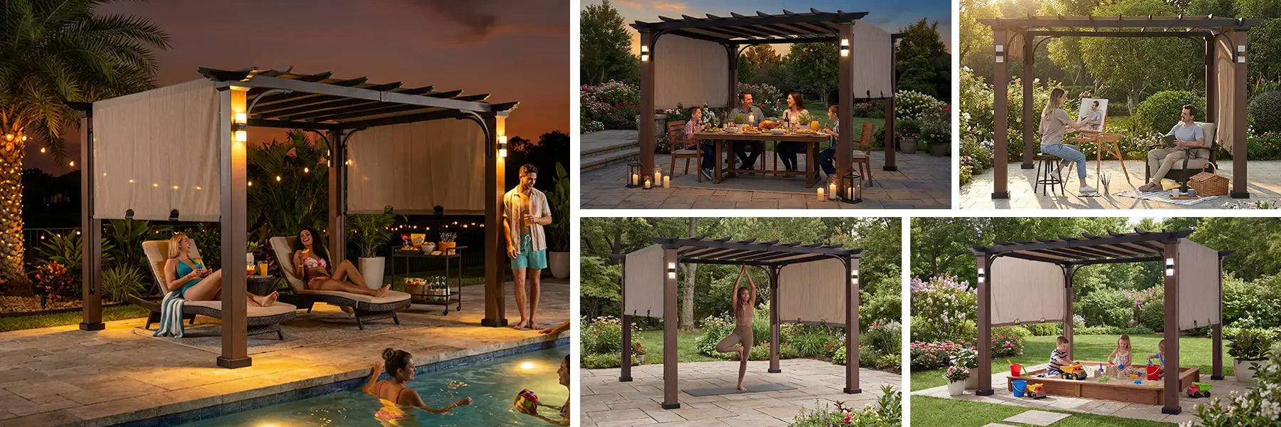 SUNJOY 11x11 Wood-Look Finish Metal Pergola with Sliding Canopy & Solar Lights