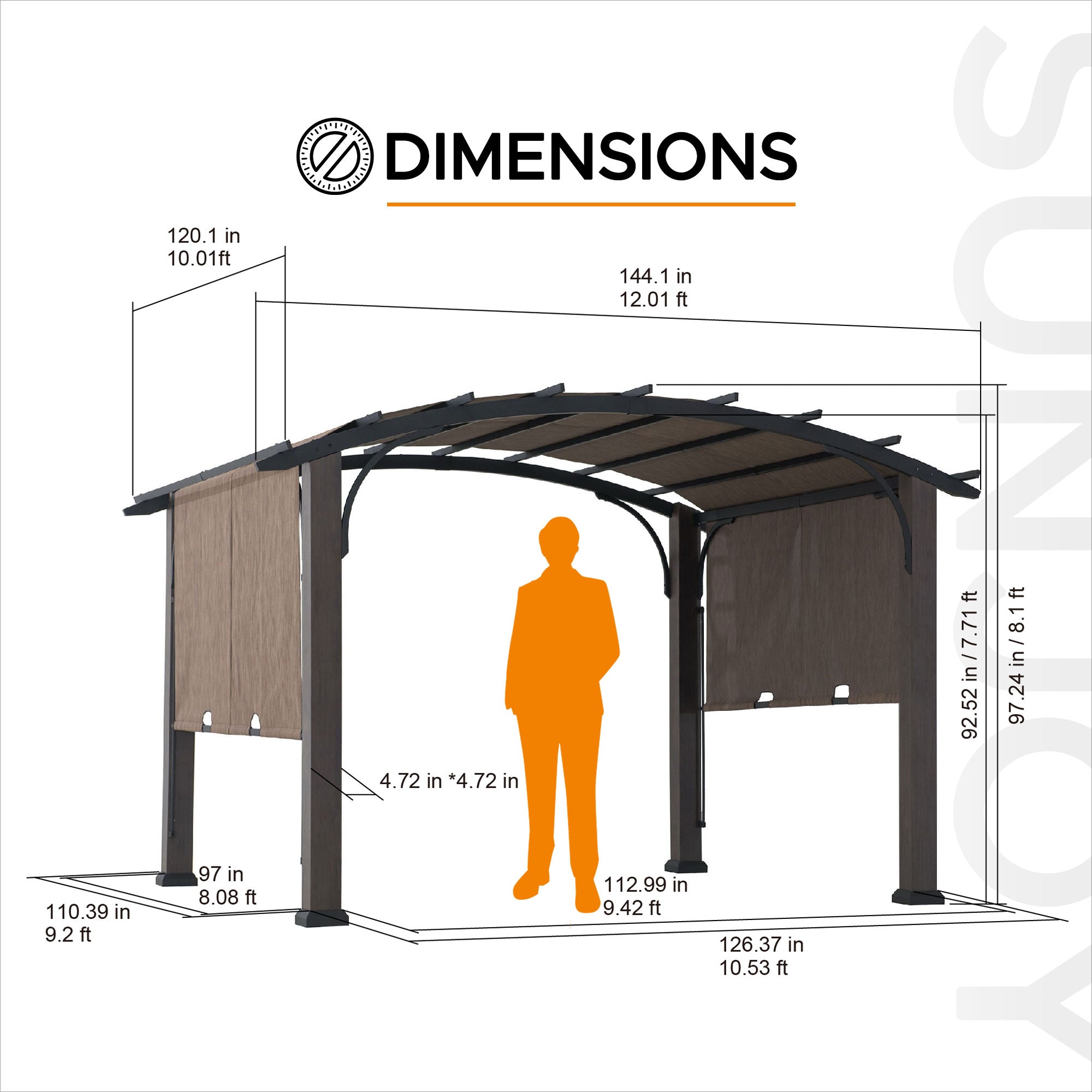 SUNJOY 10x12 Metal Pergola with Retractable Canopy and Curved Roof – Natural Cedar Finish
