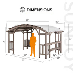 SUNJOY 10x14 Wood Pergola with Sunshade and Shelves.