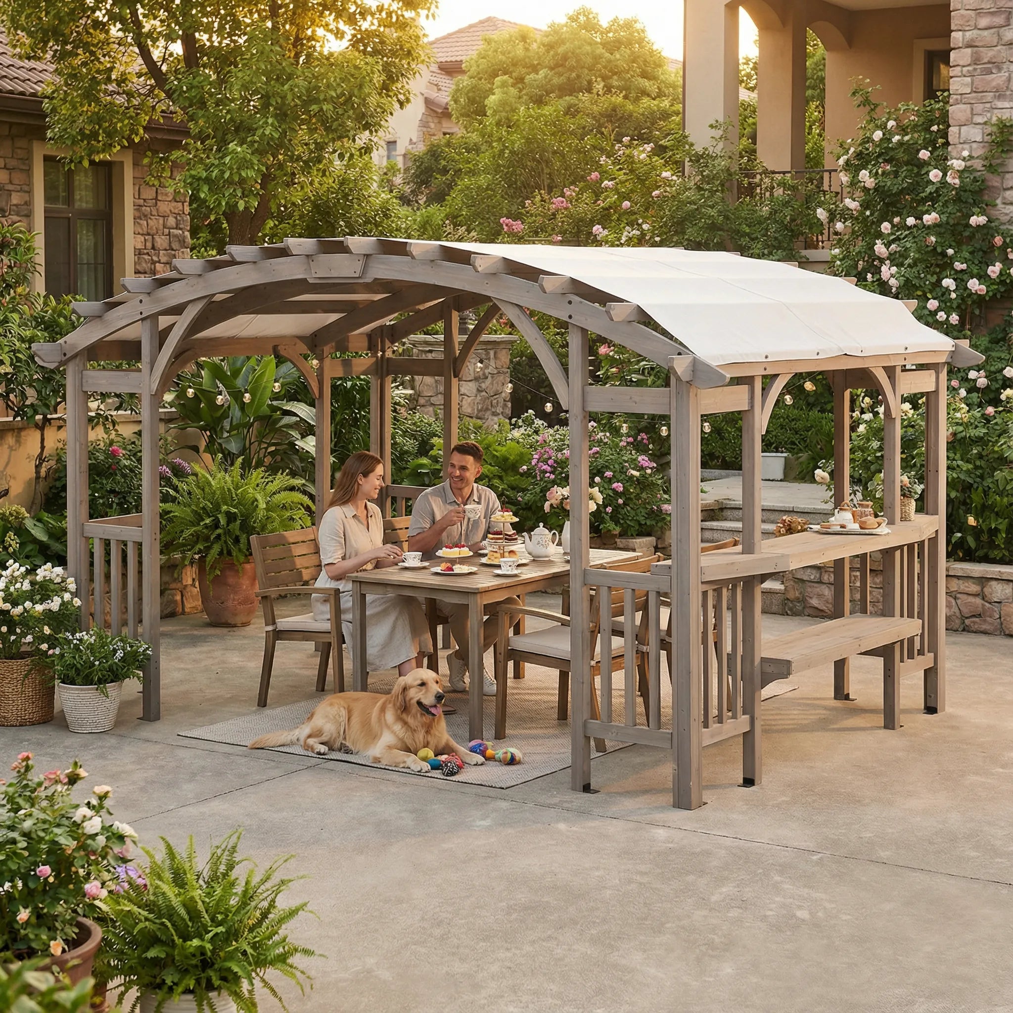 SUNJOY 10x14 Wood Pergola with Sunshade and Shelves