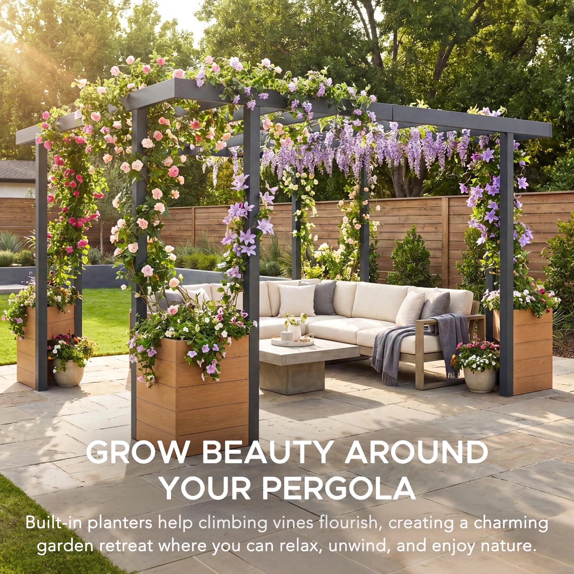 Modern Planter Pergola 10x12 - Matte Black