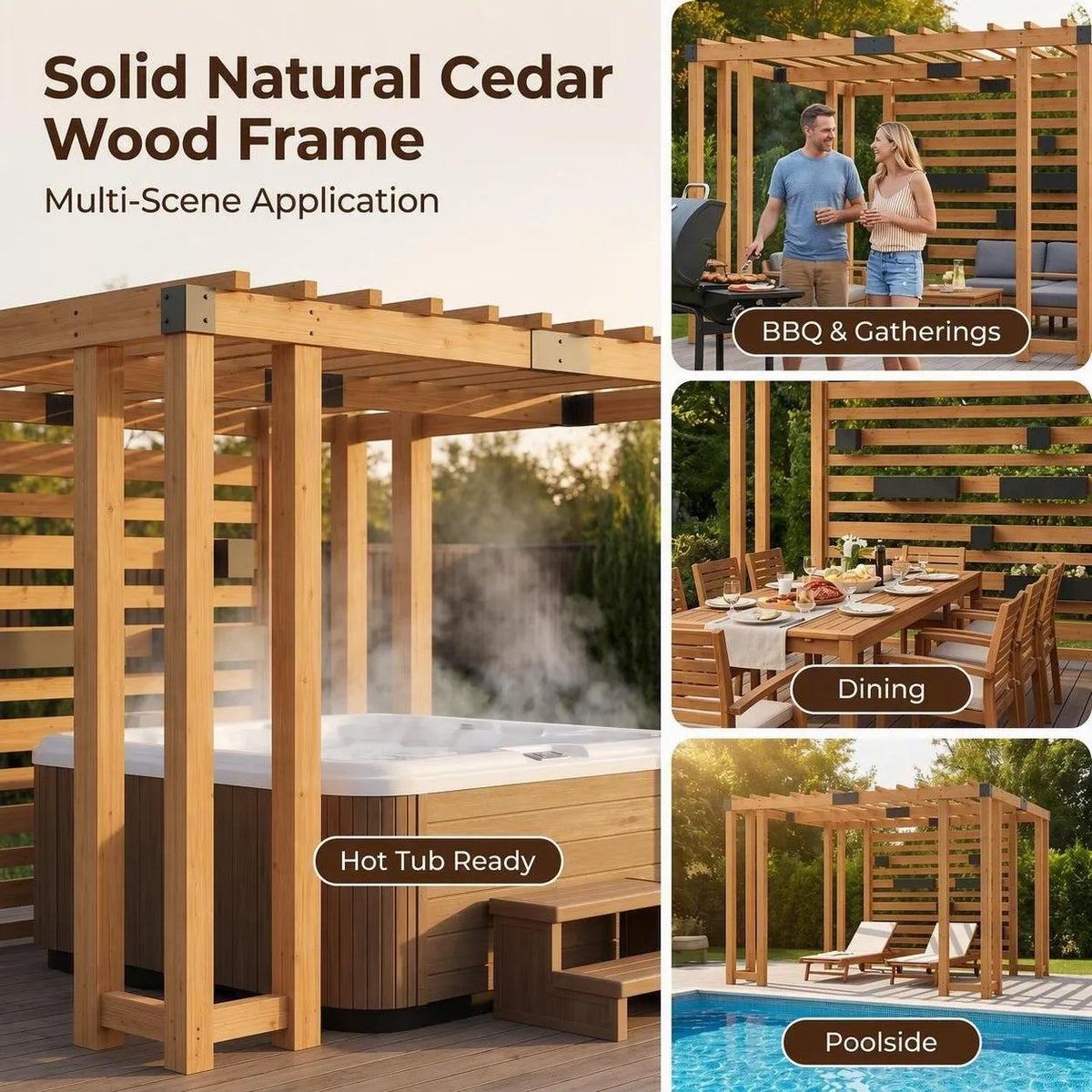 Wooden Pergola with Privacy Screen & Hanging Planters, 10x10