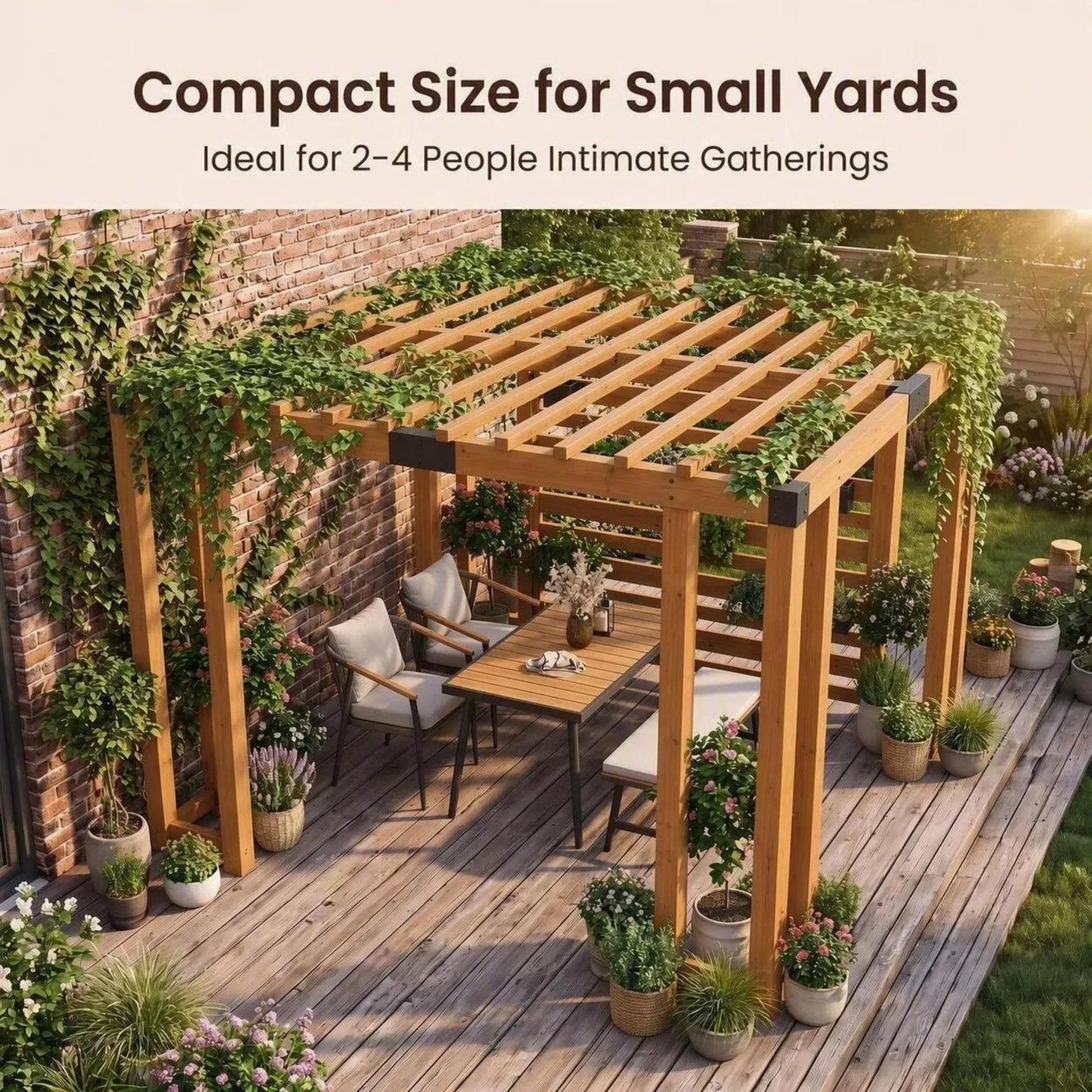 Wooden Pergola with Privacy Screen & Hanging Planters, 10x10