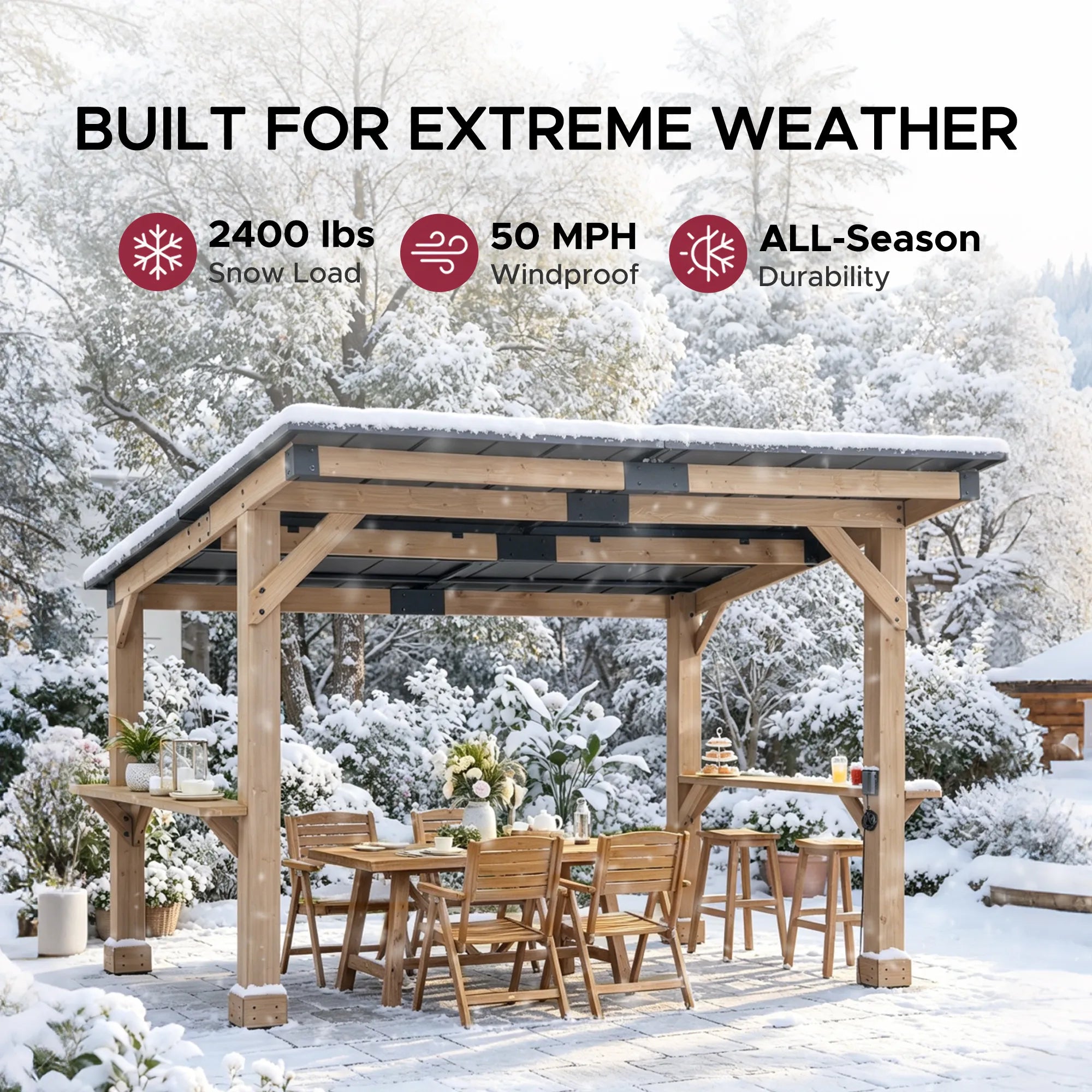 SUNJOY 10x12 Cedar Gazebo Pergola with Bar Shelves and Power Port