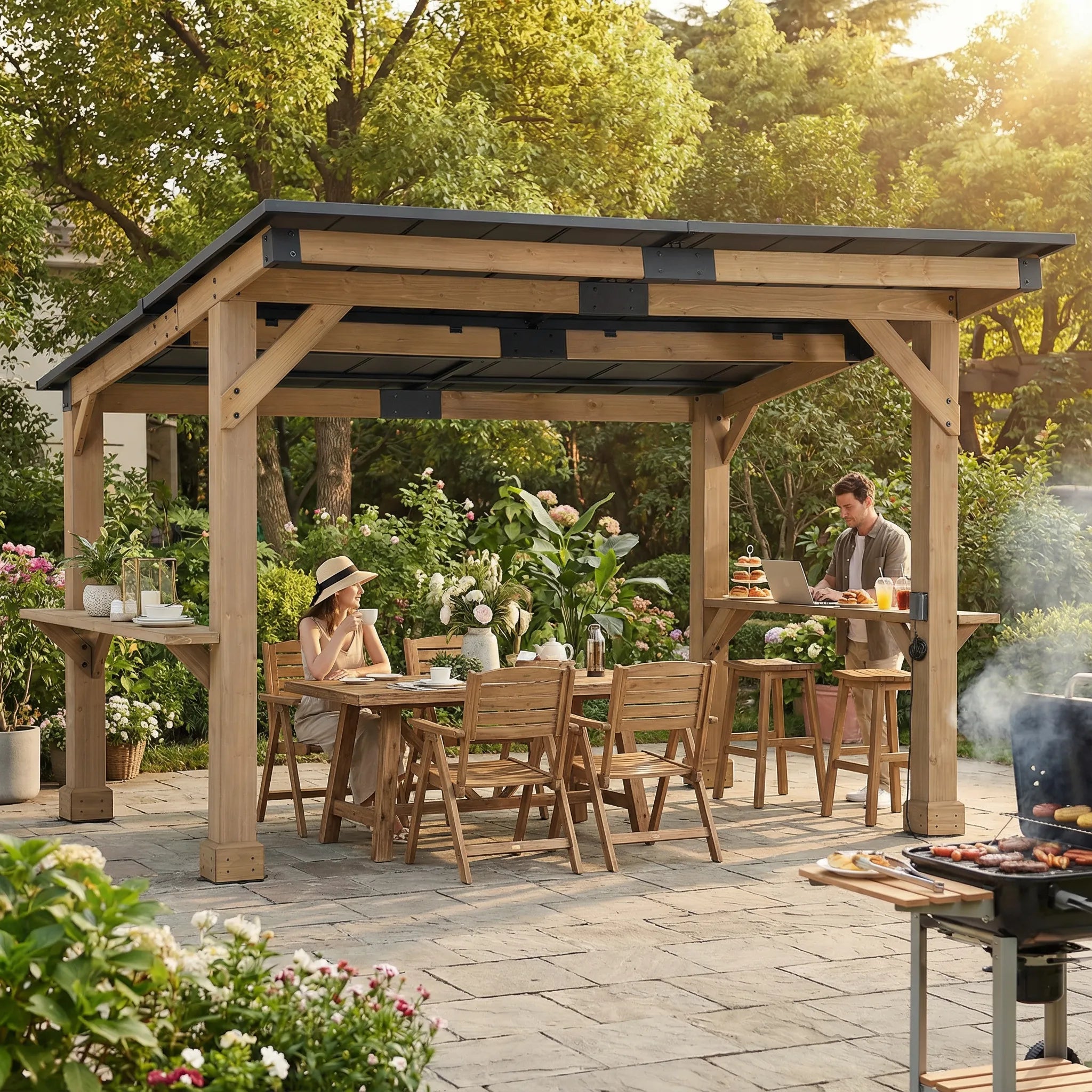 SUNJOY 10x12 Cedar Gazebo Pergola with Bar Shelves and Power Port