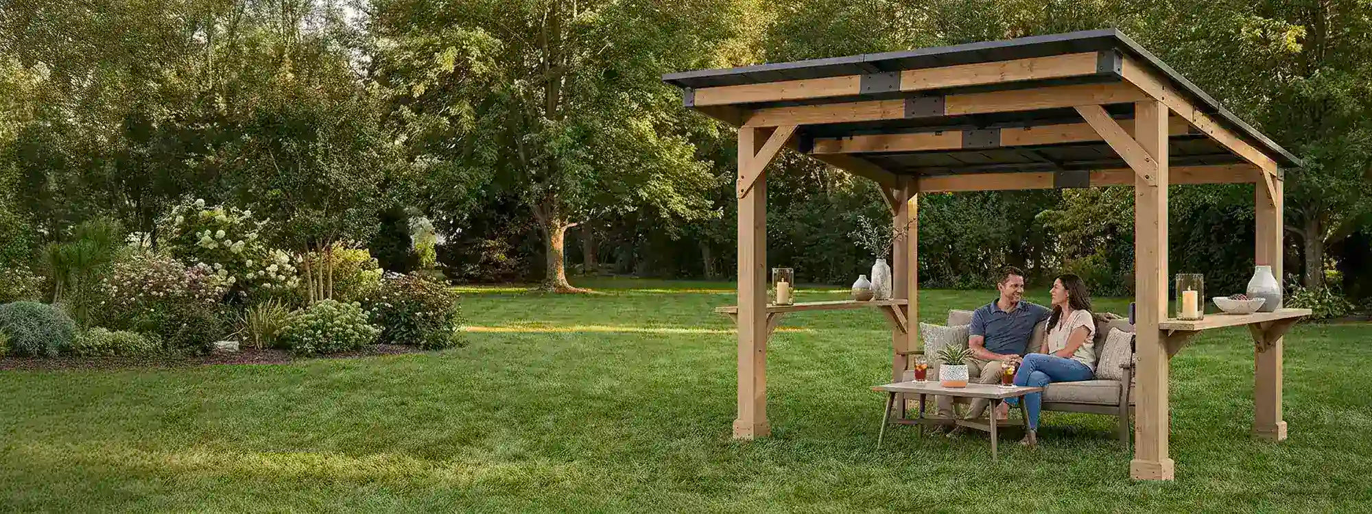 SUNJOY 10x12 Cedar Gazebo Pergola with Bar Shelves and Power Port