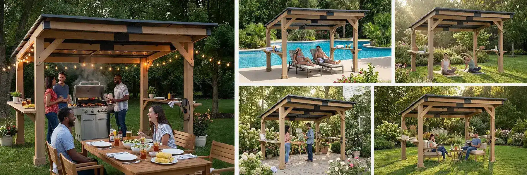 SUNJOY 10x12 Cedar Gazebo Pergola with Bar Shelves and Power Port