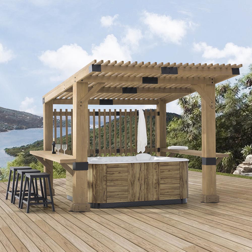Sunjoy Outdoor Patio Grill Gazebo 10x11 Wooden Frame Hot Tub Pergola Kit with Privacy Screen and Large Bar Shelves.