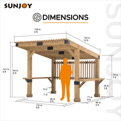Sunjoy Outdoor Patio Grill Gazebo 10x11 Wooden Frame Hot Tub Pergola Kit with Privacy Screen and Large Bar Shelves
