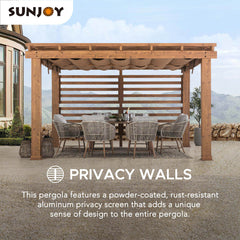 Sunjoy 11x13 ft. Outdoor Aluminum Pergola, Woodgrain Aluminum Frame Pergola with Retractable Sunshade Sling Fabric Canopy and Privacy Wall