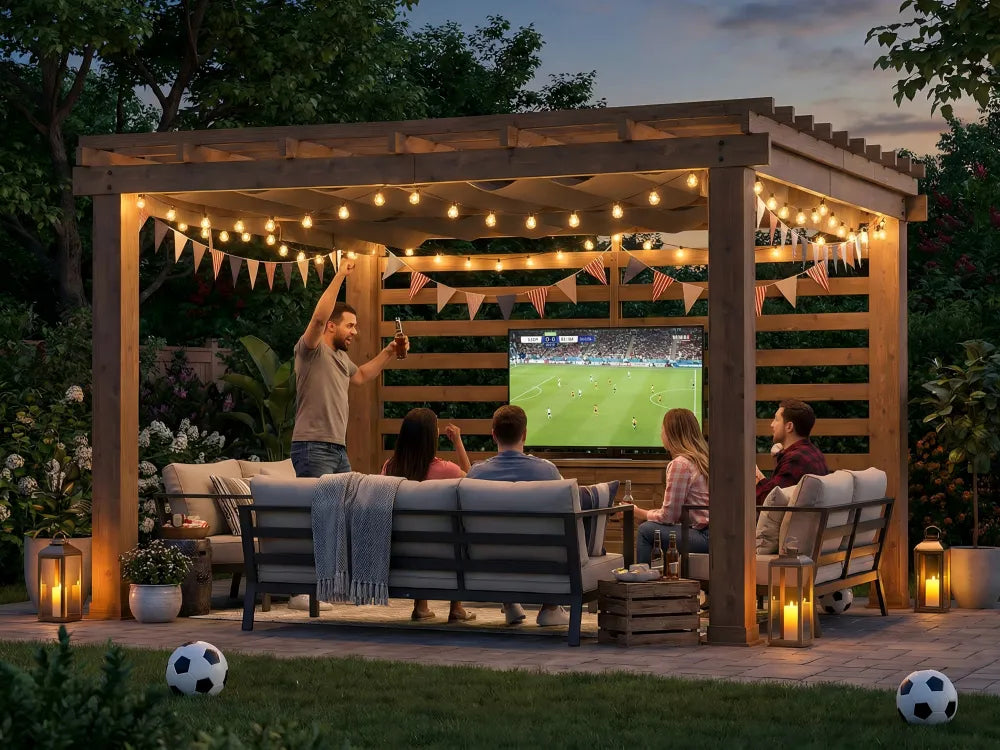 People watching a soccer match on a screen in an outdoor setting with string lights and a wooden pergola.