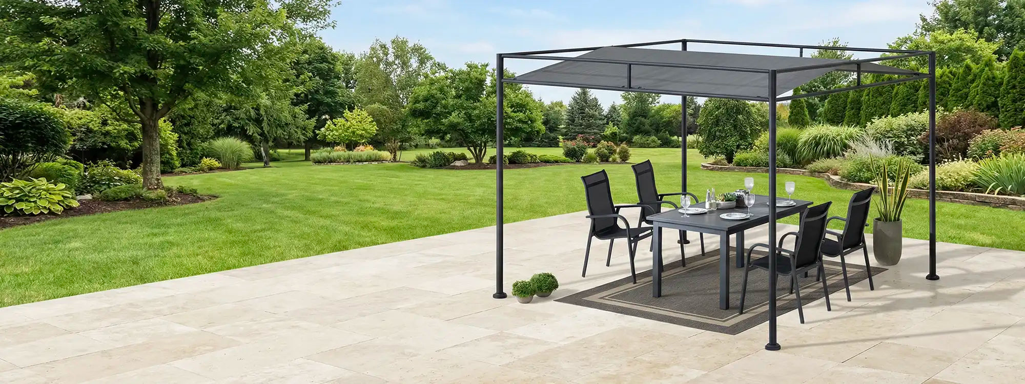 SUNJOY 10x10 Darkeford Metal Pergola with Sling Fabric Canopy - Black