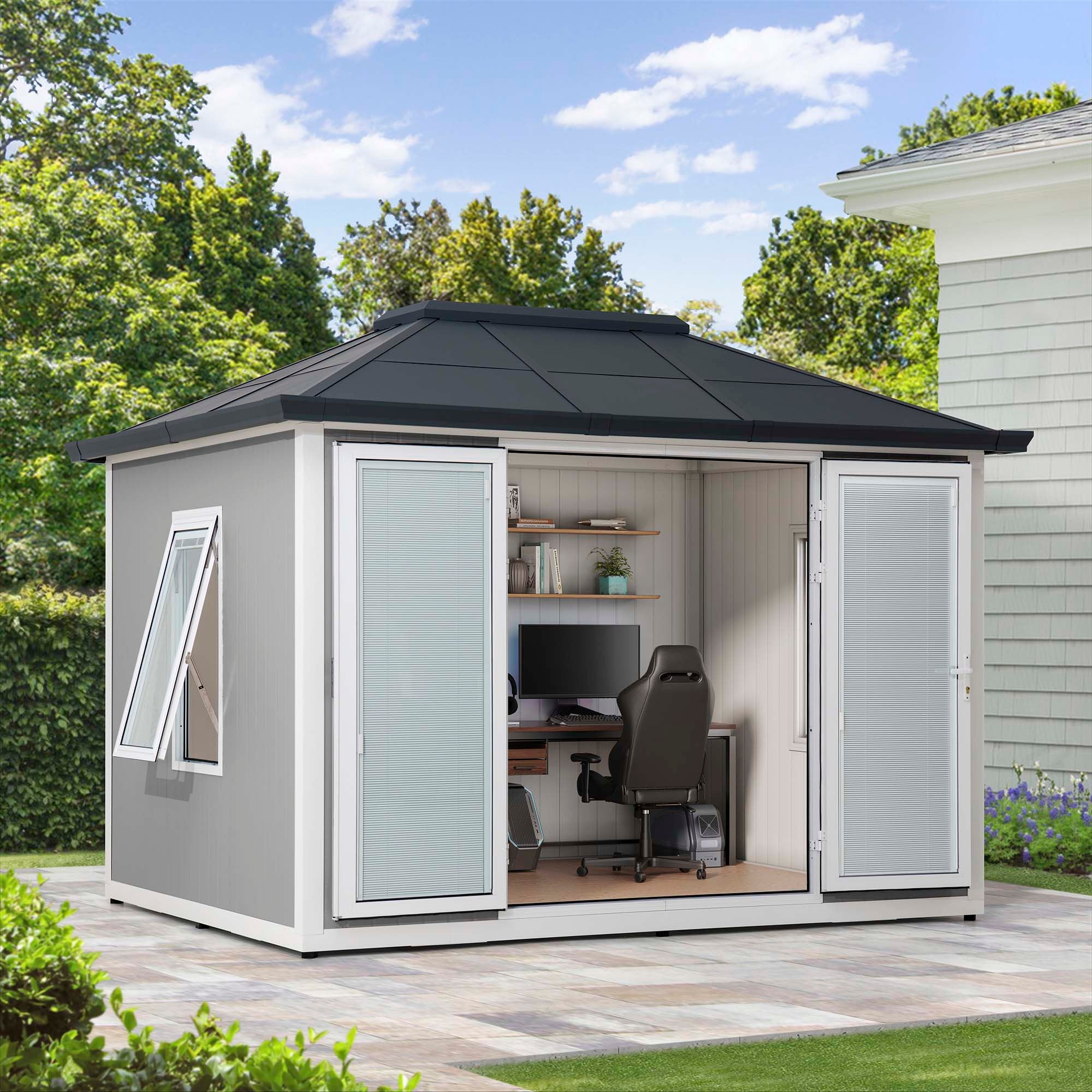 Sunjoy Beyond Shed, 10'x12.6' Backyard Office Shed, Outdoor Storge Shed with Floor, 2 Windows, and Lockable Doors
