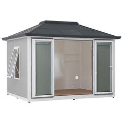 Sunjoy Beyond Shed, 10'x12.6' Backyard Office Shed, Outdoor Storge Shed with Floor, 2 Windows, and Lockable Doors