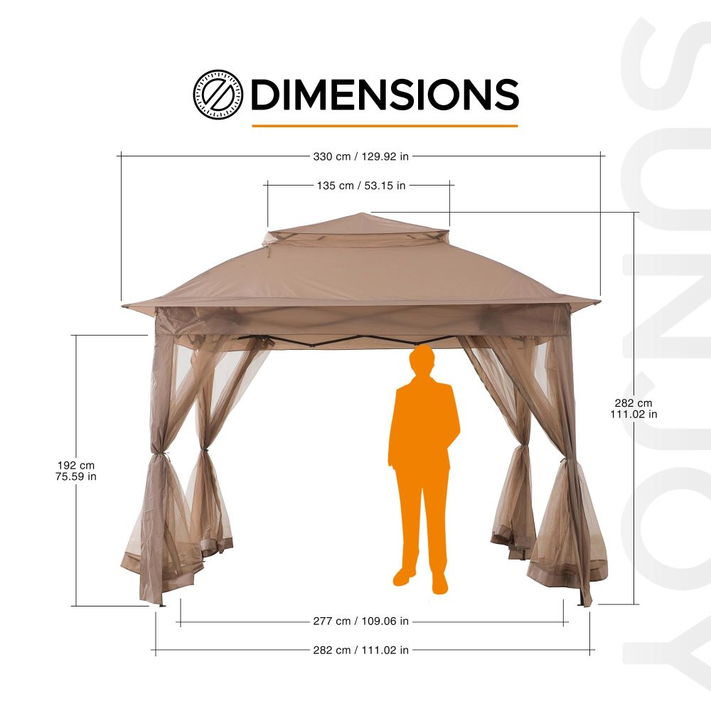 apontus offset tan patio umbrella instant gazebo with mesh netting Sunjoy 11 ft. x 11 ft. Khaki Pop Up Portable Steel Gazebo
