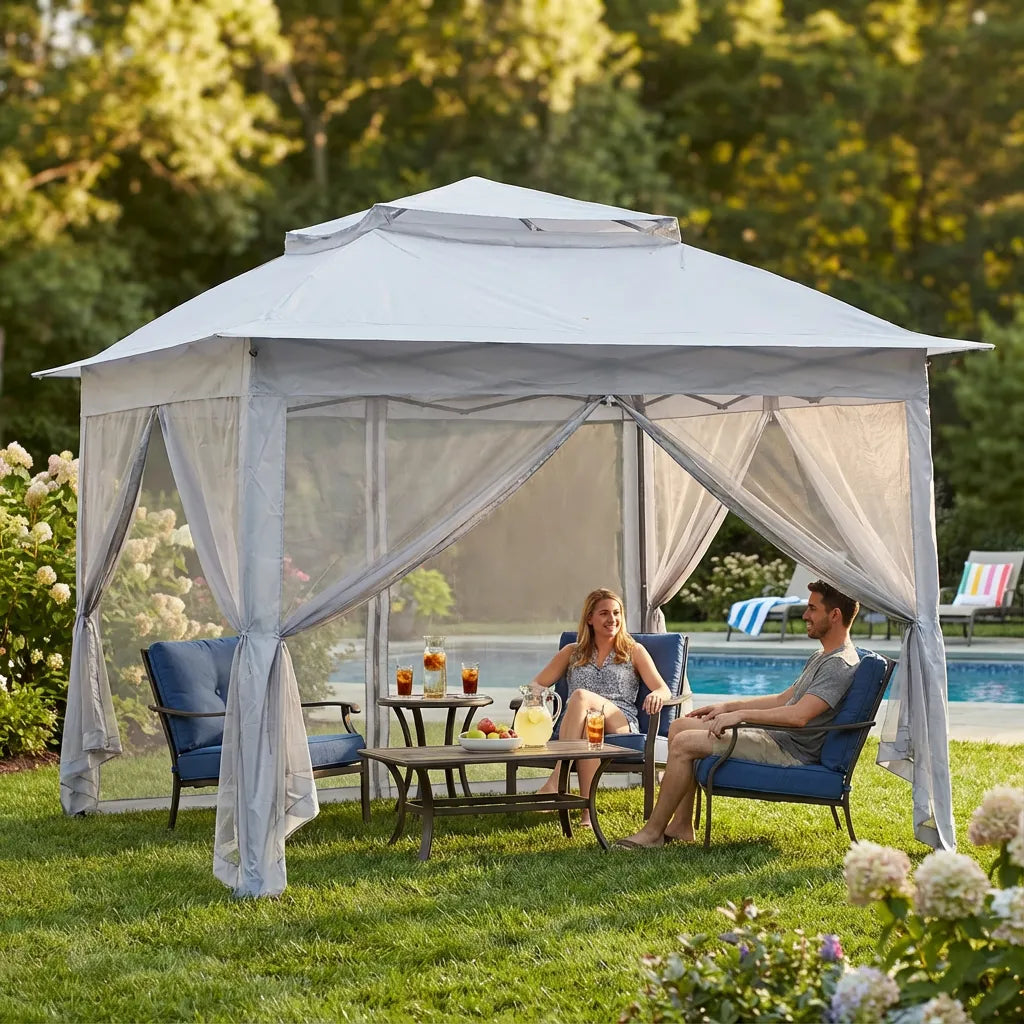 SUNJOY 11x11 Pop Up Gazebo Tent with Netting and Carry Bag - Light Gray