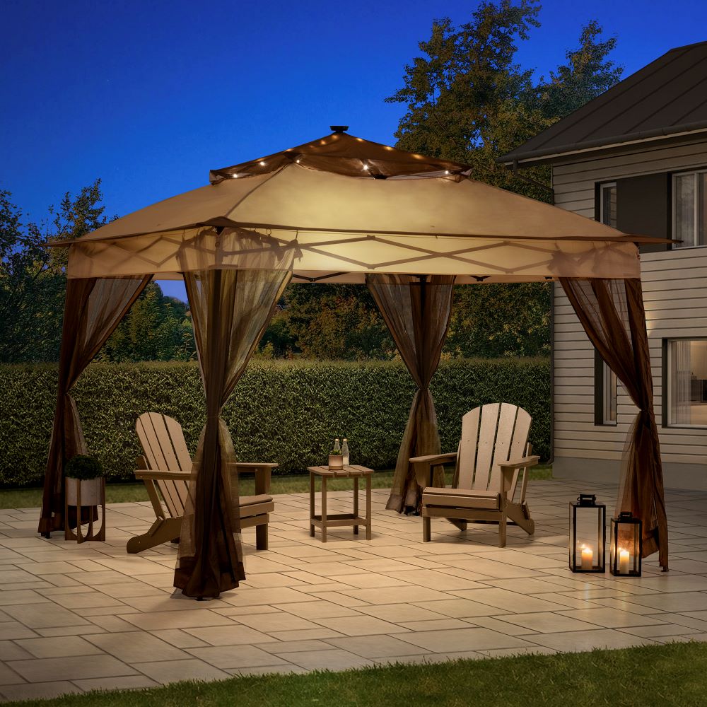 SUNJOY 11x11 Pop Up Portable Gazebo with Solar LED Lights and Netting.
