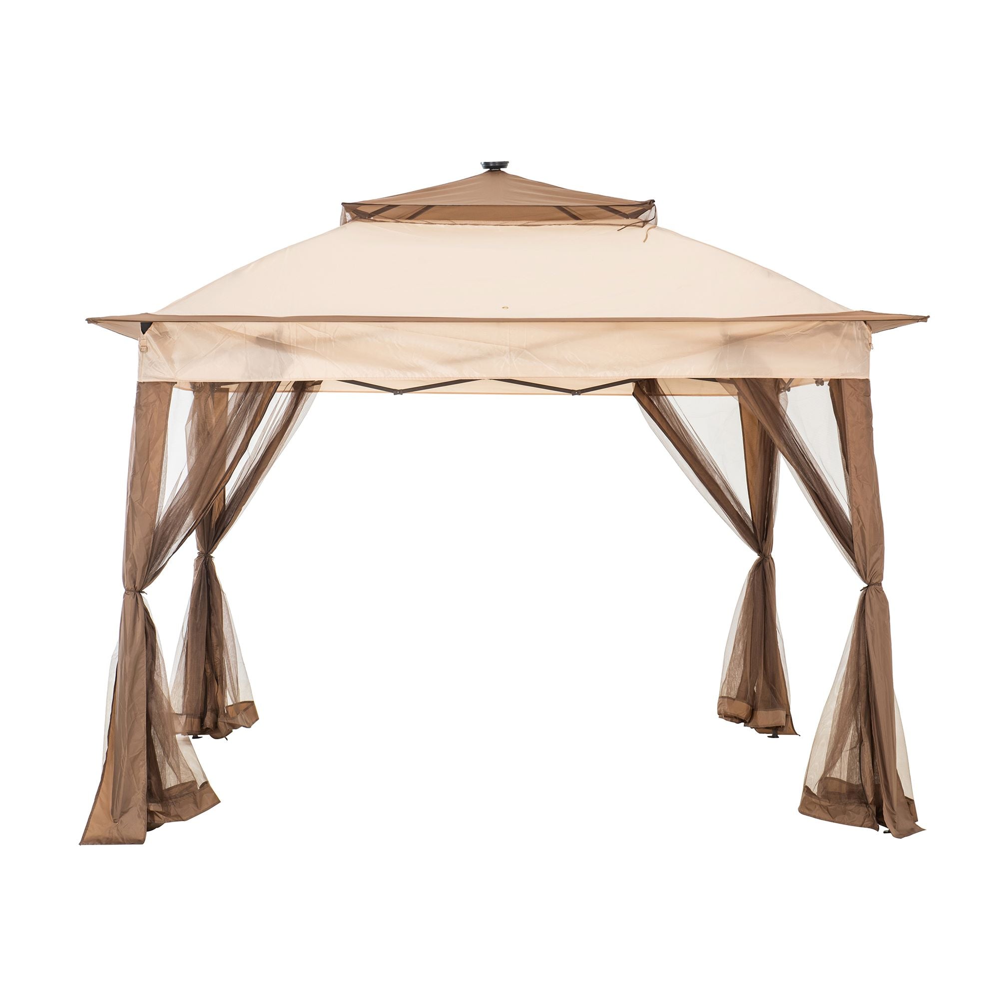 SUNJOY 11x11 Pop Up Portable Gazebo with Solar LED Lights and Netting - Beige & Brown