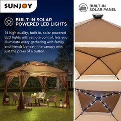 Sunjoy 11x11 Pop Up Gazebo with Solar Powered LED Light, 2-Tier Steel Frame Soft Top Gazebo with Carry Bag