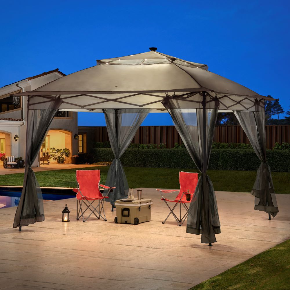 SUNJOY 11x11 Pop Up Portable Gazebo with Solar LED Lights and Netting.